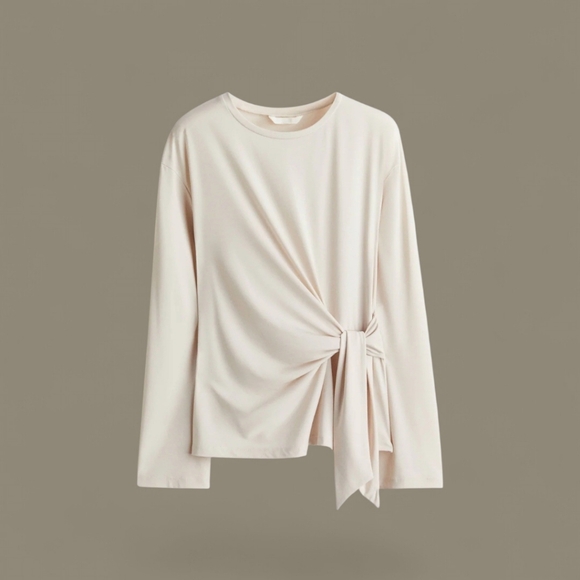 Express NWT Cream Skimming Tie Front Long Sleeve Crew Neck Top Small - Picture 2 of 8